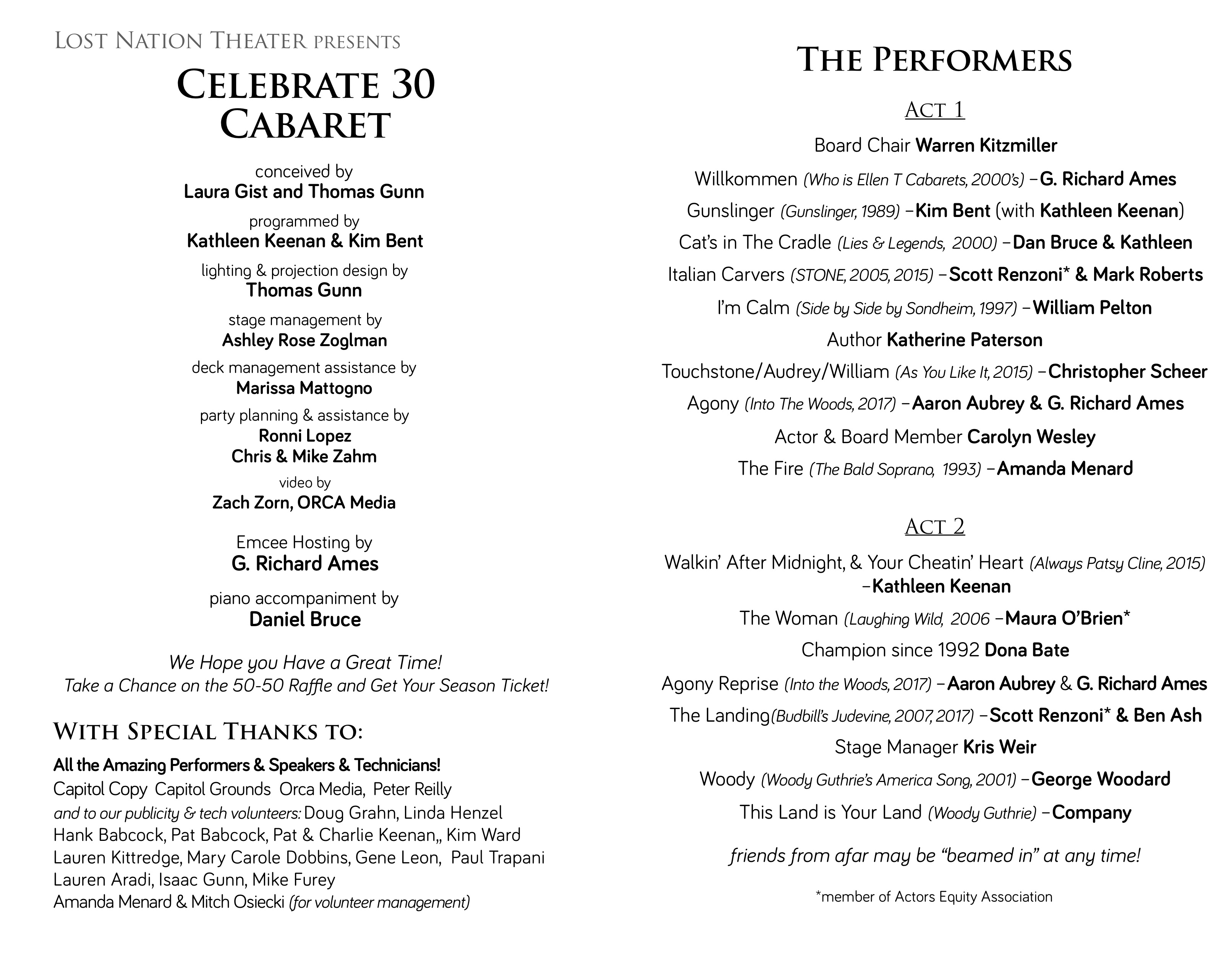 playbill & performer credits from our celebrate 30 cabaret 